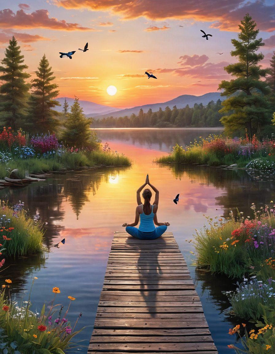A serene landscape depicting a radiant sunrise over a tranquil lake, with a figure practicing yoga on a wooden dock. Surround the scene with vibrant wildflowers and lush greenery to evoke feelings of joy and bliss. Incorporate soft, uplifting colors to enhance the sense of tranquility and positivity. Include whimsical elements like butterflies and birds in flight to symbolize freedom and happiness. super-realistic. vibrant colors. 3D.
