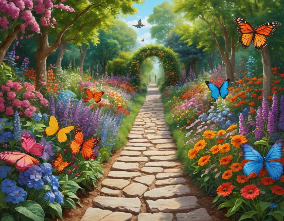A serene landscape depicting a path that transitions from a calm, peaceful garden of contentment on one side, gradually evolving into a vibrant, euphoric celebration of colors and joy on the other. Include figures exploring this path, feeling engaged and uplifted, surrounded by symbols of happiness like butterflies and bright flowers. The background should symbolize the journey, blending soft pastels into rich, lively shades. surrealistic. vibrant colors. 3D.