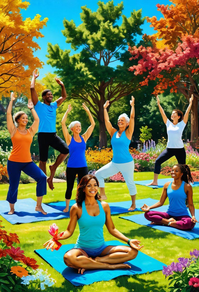 An uplifting scene depicting a diverse group of people joyfully engaging in various activities like yoga, gardening, and laughing together in a sunlit park, surrounded by colorful flowers and trees. The atmosphere is bright and positive, radiating joy and community spirit. The characters are diverse in age and ethnicity to represent inclusiveness. super-realistic. vibrant colors. bright blue sky.